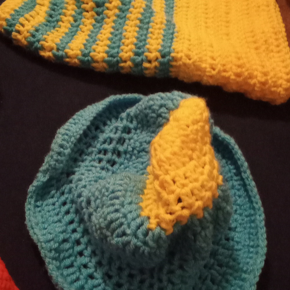 Knitted hats and scarves and blankets